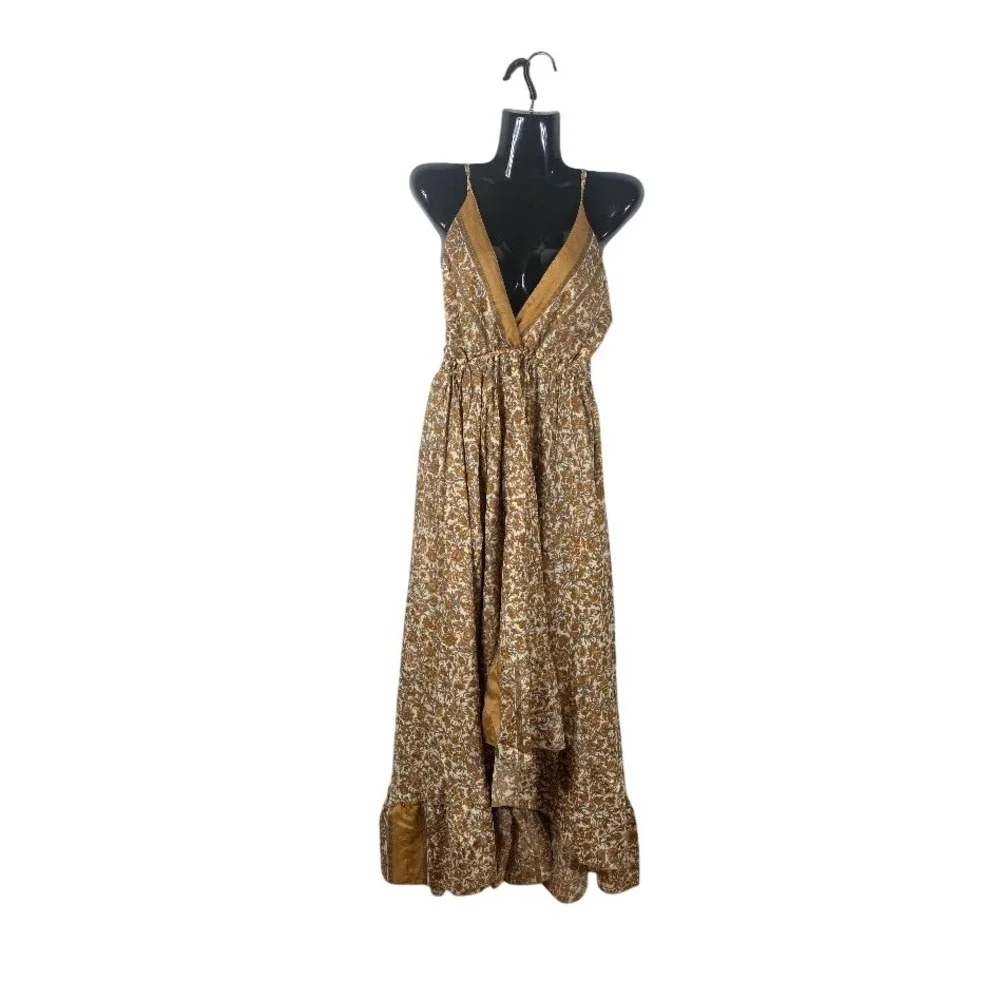 Silk Halter Maxi Dress Womens OS Brown Gray Floral Boho Ruffle Summer Sundress